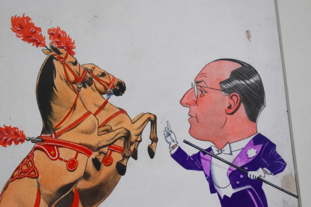 A framed watercolour caricature depicting a man in a purple tuxedo facing two rearing horses adorned with red plumes. View II