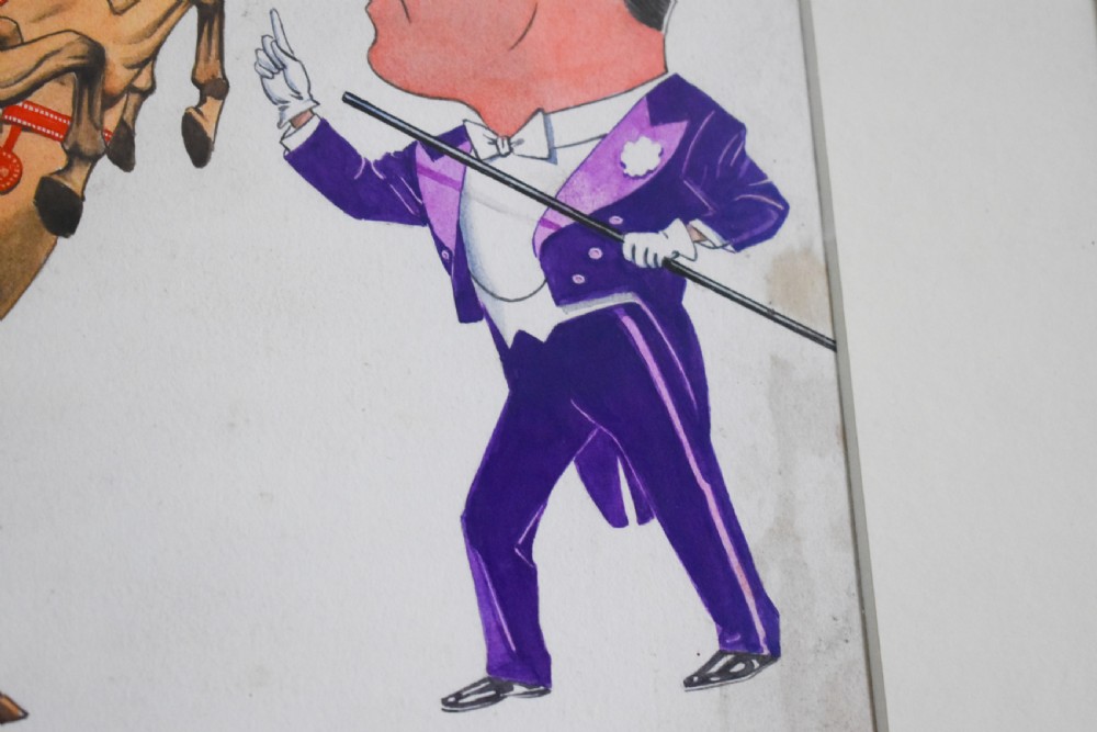 A framed watercolour caricature depicting a man in a purple tuxedo facing two rearing horses adorned with red plumes. View III