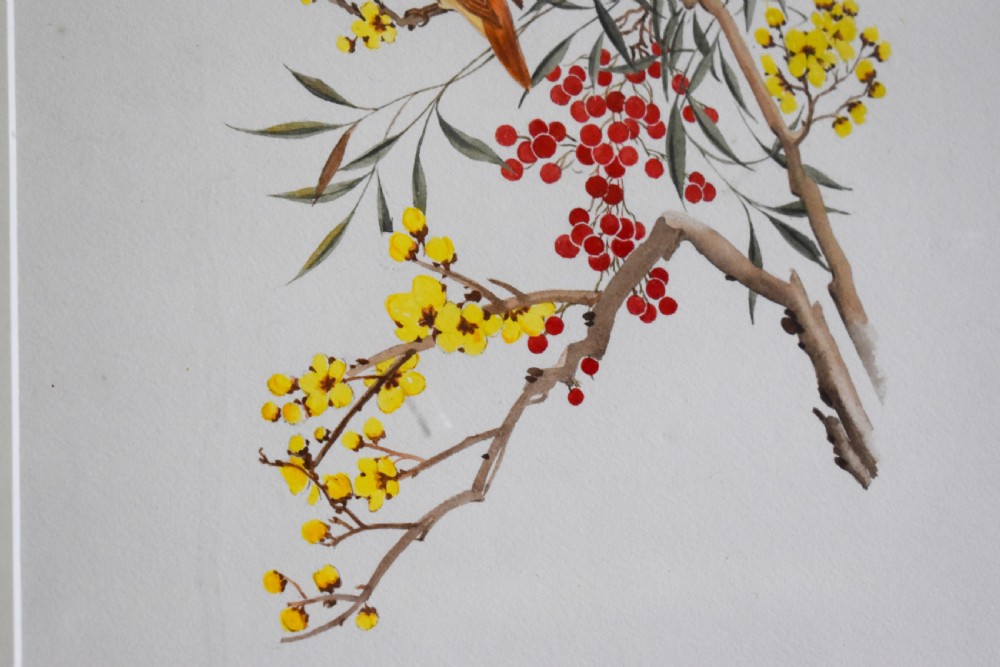 A framed watercolour artwork featuring a bird with a mans face perched on a botanical branch with yellow flowers and red berries, set within a cream mount and black frame. View III