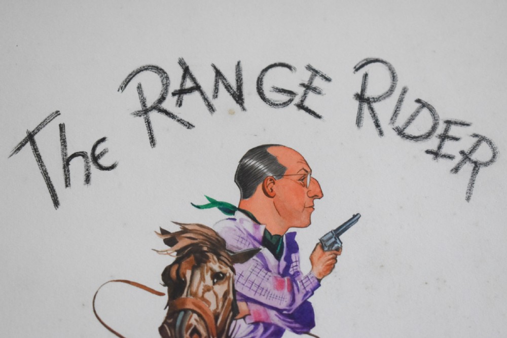 A framed watercolour illustration titled The Range Rider, depicting a caricatured cowboy riding a brown galloping horse on a white background. View II