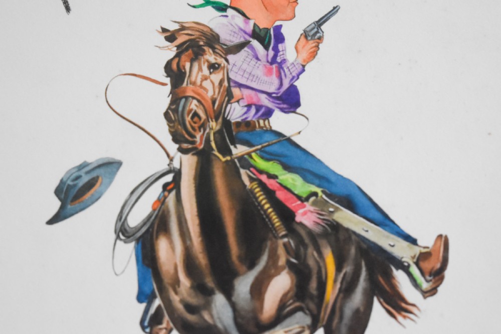 A framed watercolour illustration titled The Range Rider, depicting a caricatured cowboy riding a brown galloping horse on a white background. View III