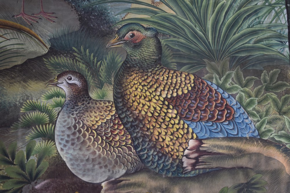 A large nineteenth-century framed Asian wall hanging painted with birds, blooming flowers, and foliage on a muted green background. View III