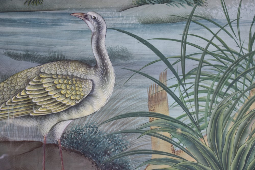 A large nineteenth-century framed Asian wall hanging painted with birds, blooming flowers, and foliage on a muted green background. View IV