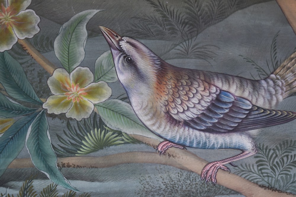 A large nineteenth-century framed Asian wall hanging painted with birds, blooming flowers, and foliage on a muted green background. View VI