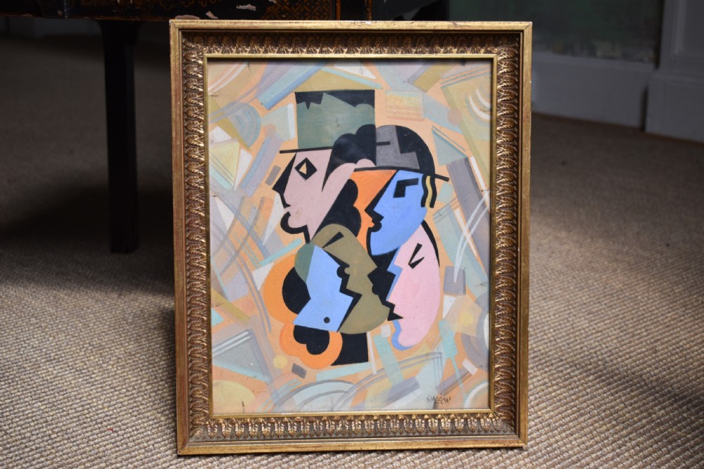 A framed Art Deco watercolour painting depicting stylised geometric human profiles in pastel tones set within a moulded gilt frame.