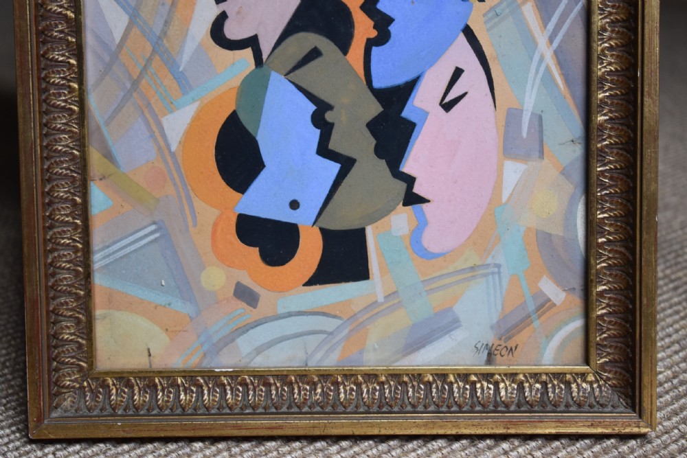 A framed Art Deco watercolour painting depicting stylised geometric human profiles in pastel tones set within a moulded gilt frame. View V