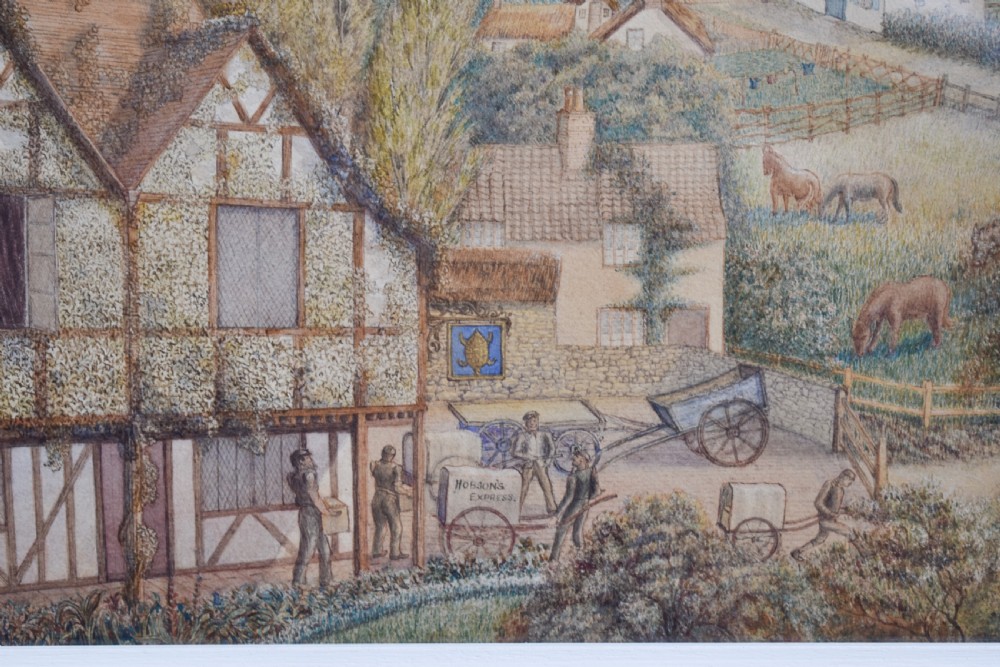 A framed watercolour painting featuring a detailed rural landscape with a brewery, timber-framed building, stone bridge, and rolling green hills. View IV