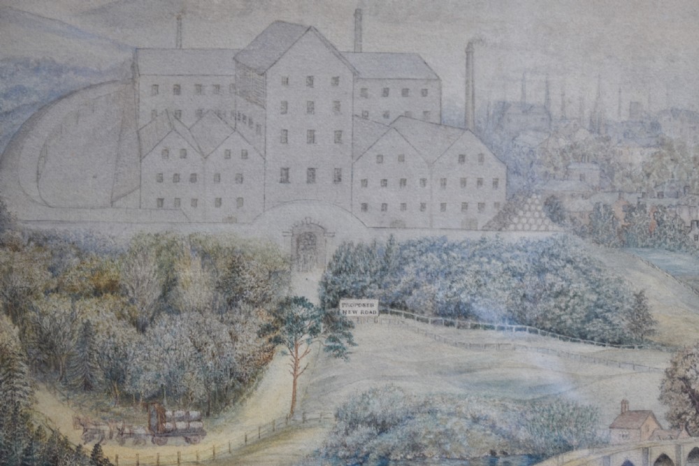 A framed watercolour painting featuring a detailed rural landscape with a brewery, timber-framed building, stone bridge, and rolling green hills. View VI