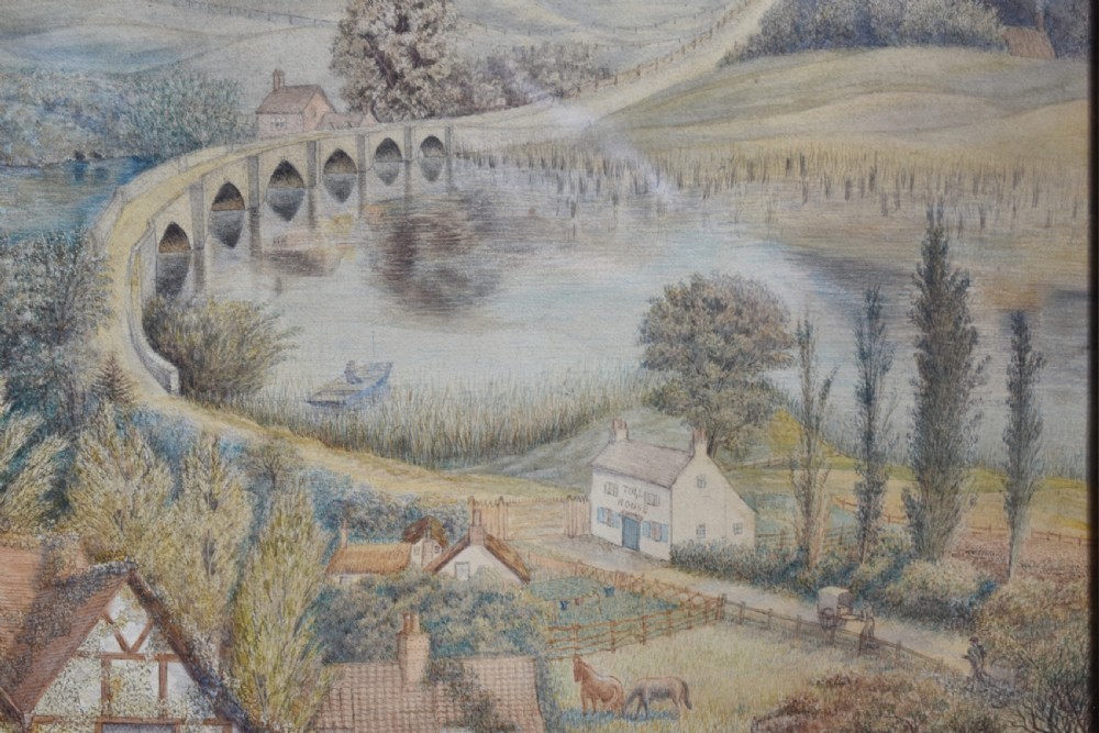 A framed watercolour painting featuring a detailed rural landscape with a brewery, timber-framed building, stone bridge, and rolling green hills. View VII
