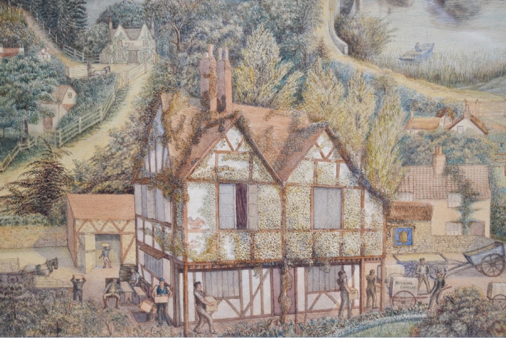 A framed watercolour painting featuring a detailed rural landscape with a brewery, timber-framed building, stone bridge, and rolling green hills. View VIII