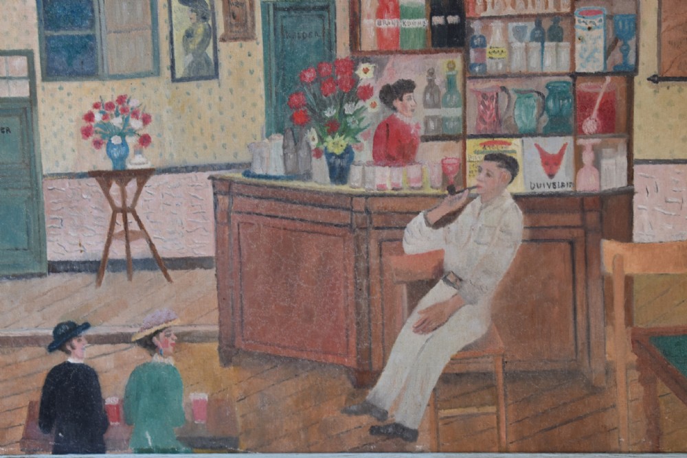 A framed oil on canvas painting depicting a detailed tavern bar interior scene with seated figures, tankards hanging overhead, and a painted pale blue wooden frame. View II