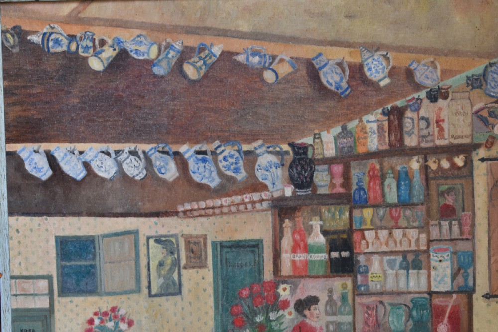 A framed oil on canvas painting depicting a detailed tavern bar interior scene with seated figures, tankards hanging overhead, and a painted pale blue wooden frame. View III