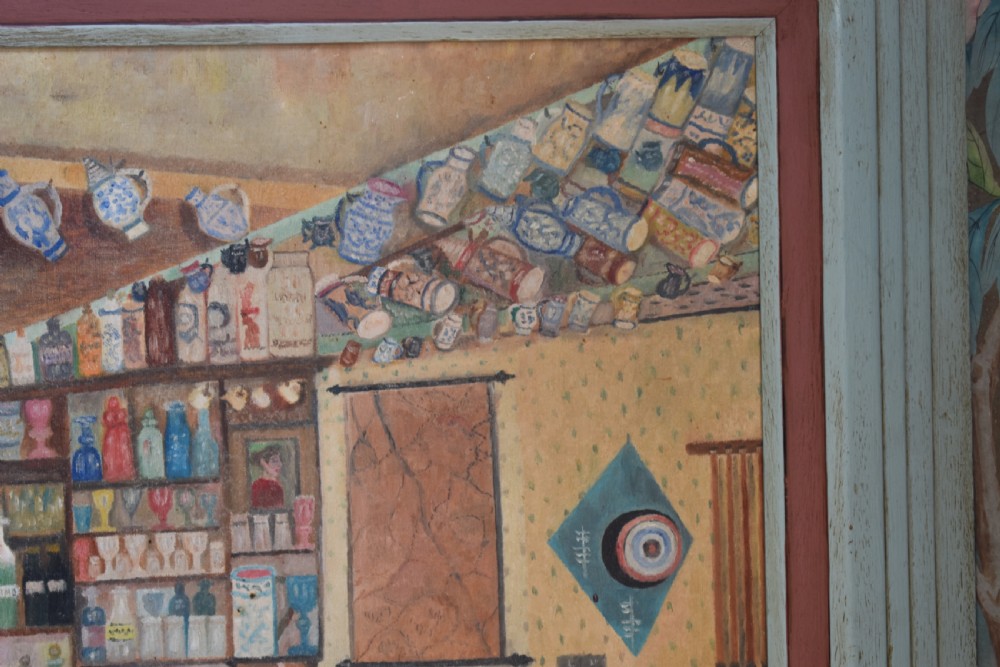 A framed oil on canvas painting depicting a detailed tavern bar interior scene with seated figures, tankards hanging overhead, and a painted pale blue wooden frame. View V