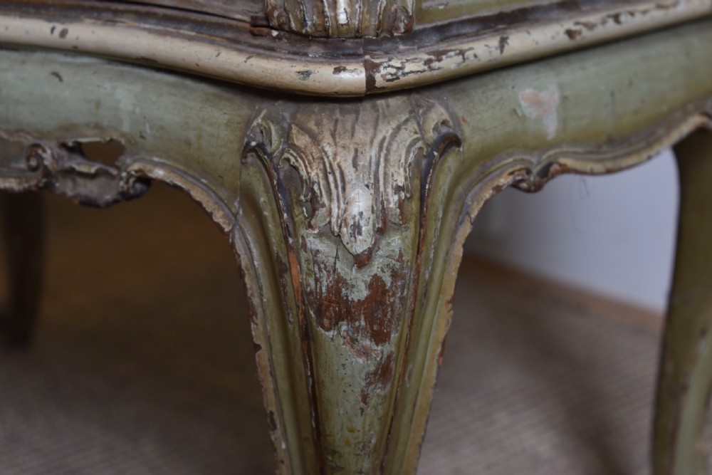 A pair of sage green French painted bedside cabinets with floral hand-painting, gilt scroll mouldings, double doors, and cabriole legs. View III