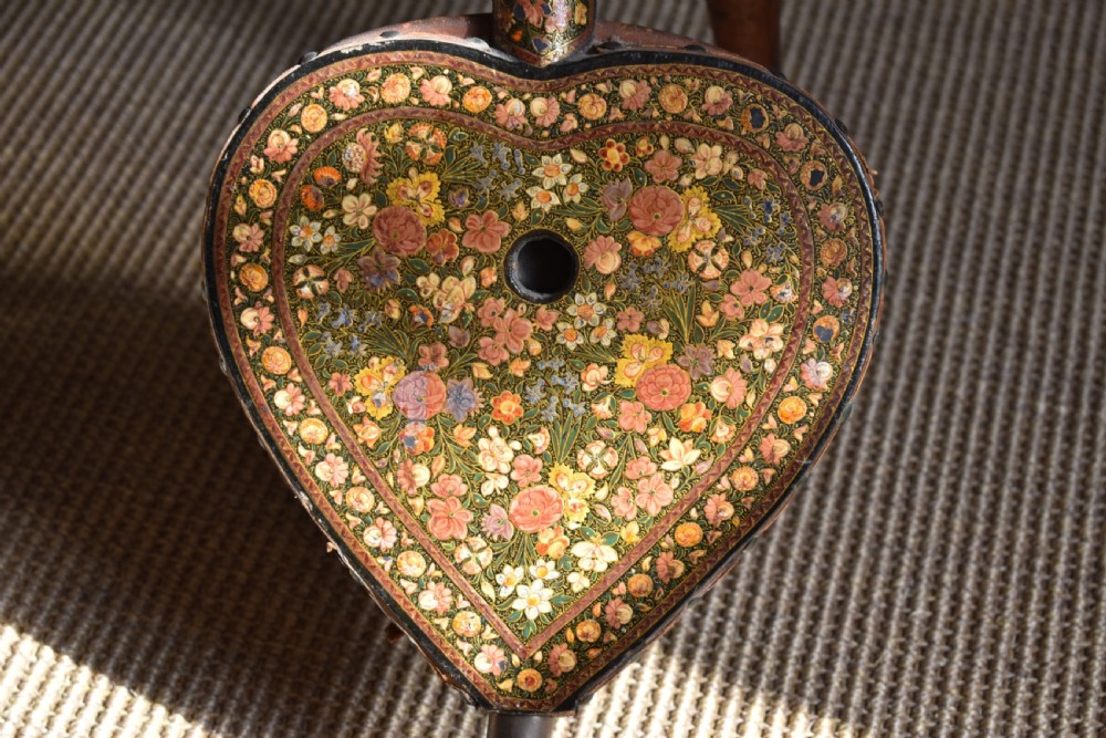 A long-handled Kashmiri fire bellows decorated with hand-painted floral lacquered motifs and a metal nozzle. View II