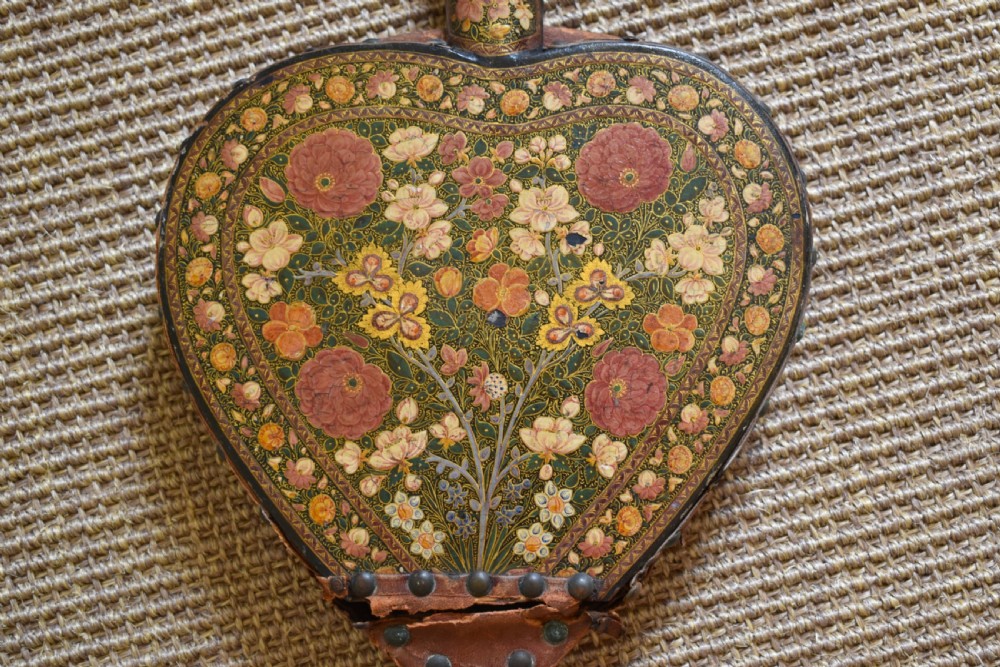 A long-handled Kashmiri fire bellows decorated with hand-painted floral lacquered motifs and a metal nozzle. View III
