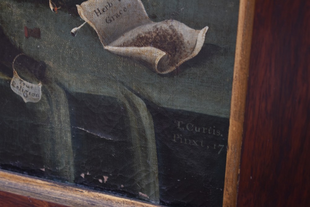 An eighteenth-century oil painting depicting a clergyman seated at a draped table with a punch bowl and glass, encased in a dark wooden frame with a gilded inner slip. View V