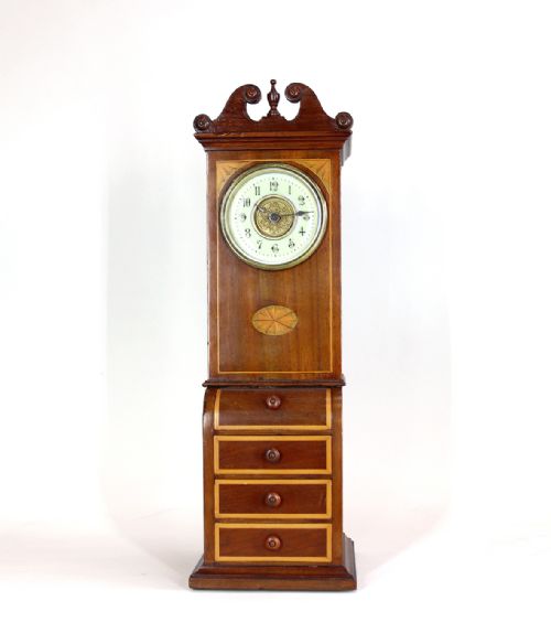 a miniature bureau with french timepiece and drawers - CATEGORY: ANTIQUE CLOCKS - DATED EDWARDIAN