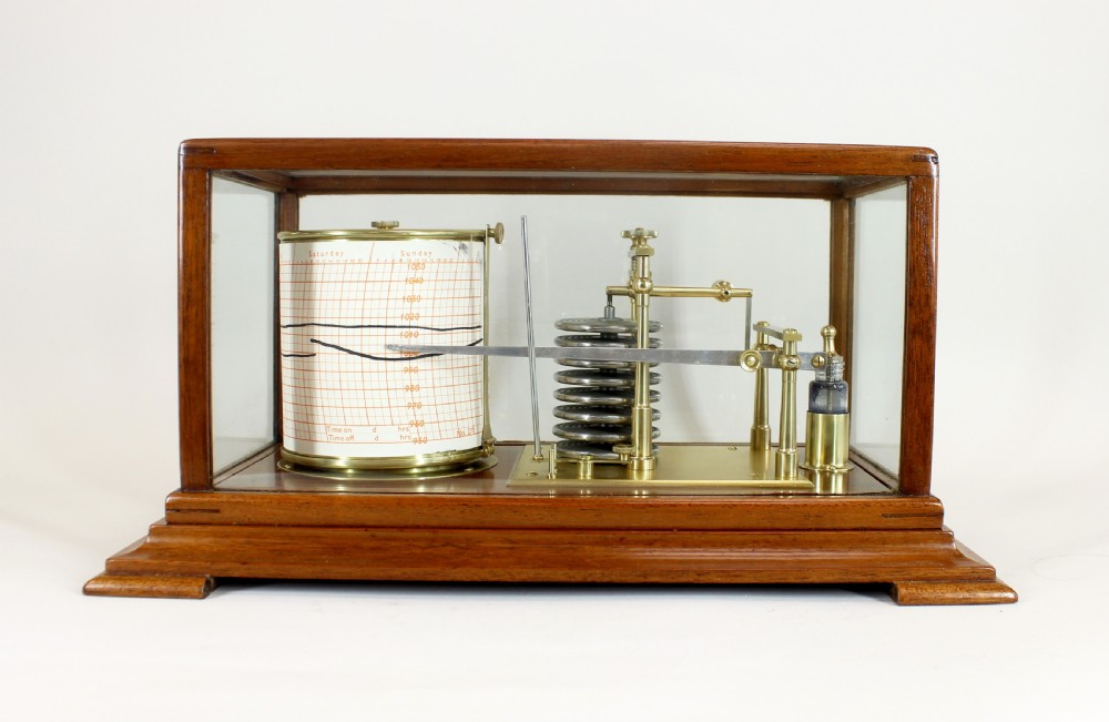 An antique five-glass barograph in a mahogany frame, featuring a brass drum chart mechanism, metal aneroid capsule stack, and glass ink bottle. View III