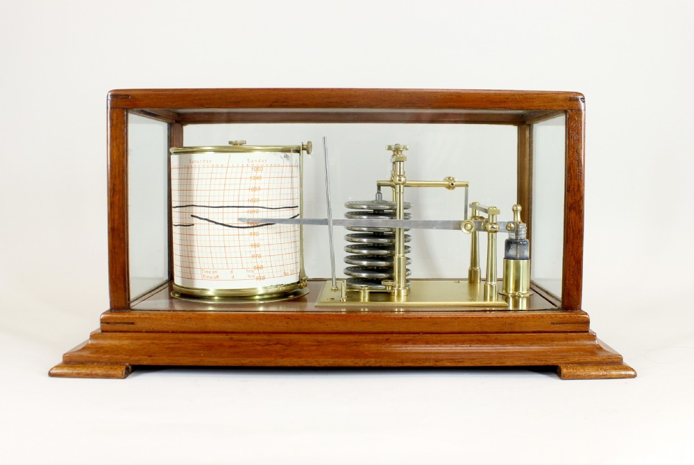 An antique five-glass barograph in a mahogany frame, featuring a brass drum chart mechanism, metal aneroid capsule stack, and glass ink bottle. View VI