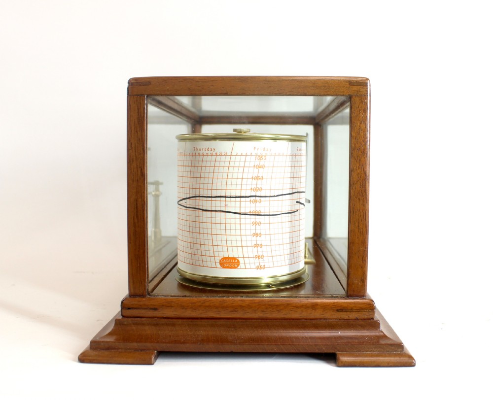 An antique five-glass barograph in a mahogany frame, featuring a brass drum chart mechanism, metal aneroid capsule stack, and glass ink bottle. View VIII