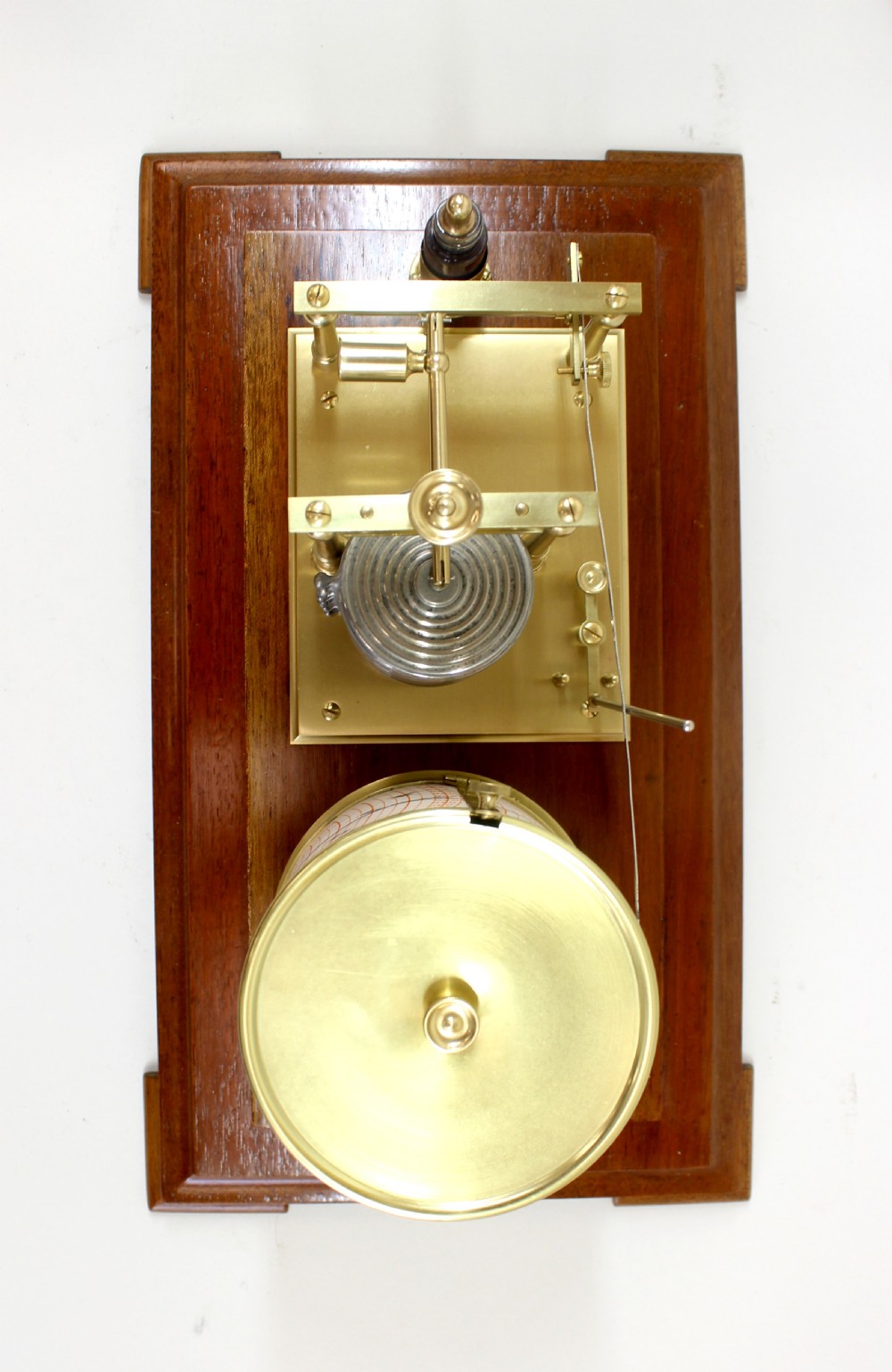 An antique five-glass barograph in a mahogany frame, featuring a brass drum chart mechanism, metal aneroid capsule stack, and glass ink bottle. View IX
