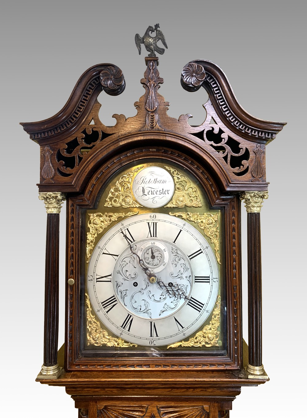 Carved Oak Longcase Clock by Robotham of Leicester View II