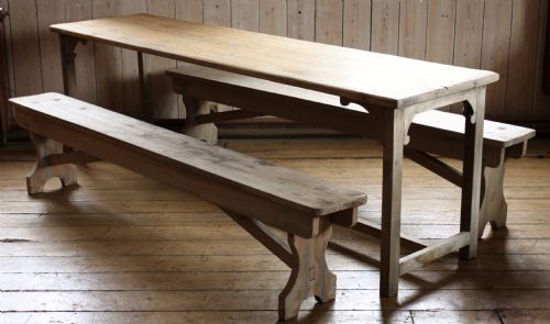 rustic pine table and benches - CATEGORY: ANTIQUE TABLES - DATED EDWARDIAN
