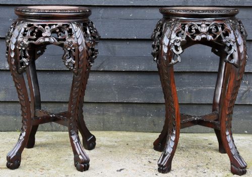 Matched Pair of Beautifully Carved Late 19th Century Chinese Rosewood Jardinaire Stands.