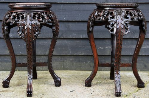 fig 1. Matched Pair of Beautifully Carved Late 19th Century Chinese Rosewood Jardinaire Stands.
