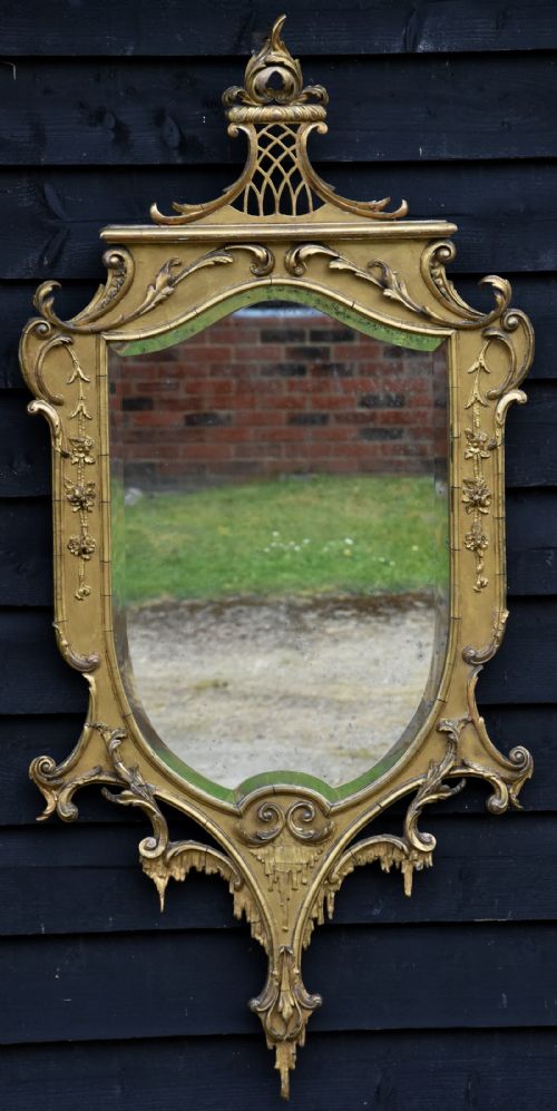 Striking & Unusual Large 19th Century Shield Shaped Gilt Mirror in Chippendale Style, Circa 1860.