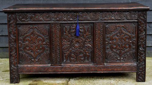Outstanding 17th Century Carved Oak Panelled Coffer, Circa 1680-90.