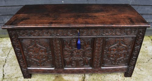 fig 1. Outstanding 17th Century Carved Oak Panelled Coffer, Circa 1680-90.