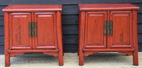 Excellent Pair of Chinese Red Lacquered Side Cabinets/ Cupboards, Circa 1900.