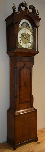 fig 1. Fabulous 18th Century Oak Moon Phase Longcase Clock, Circa 1790, by Walbrough & Thomas of Bristol.