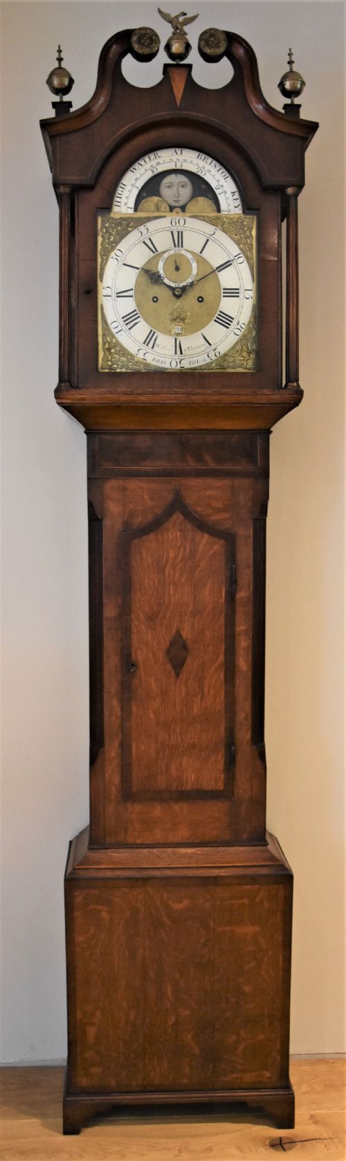 Fabulous 18th Century Oak Moon Phase Longcase Clock, Circa 1790, by Walbrough & Thomas of Bristol.