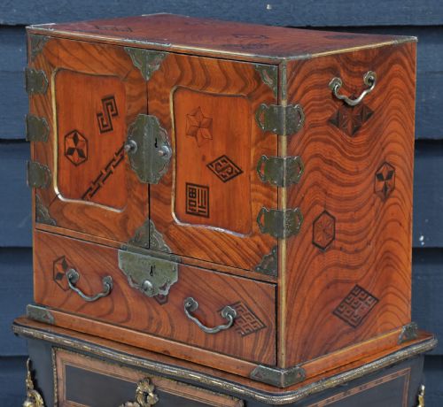 fig 1. Excellent 19th Century Antique Japanese Jewellery Cabinet (shodana), Inlaid Elm.