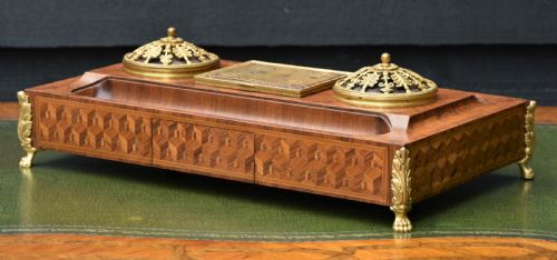 Exquisite German Kingwood Marquetry Desk Stand with Inkwells C.1900