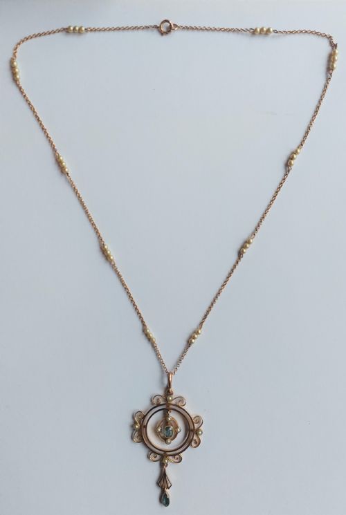 fig 1. Art Nouveau 9ct Gold Pendant & Chain, Aquamarine & Seed Pearl.