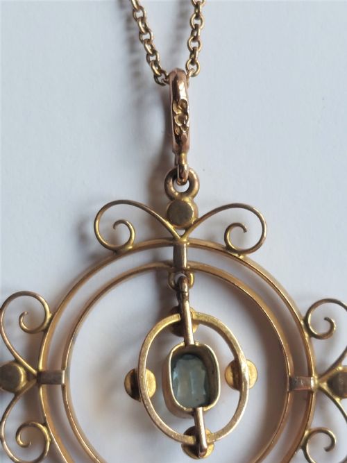 fig 2. Art Nouveau 9ct Gold Pendant & Chain, Aquamarine & Seed Pearl.