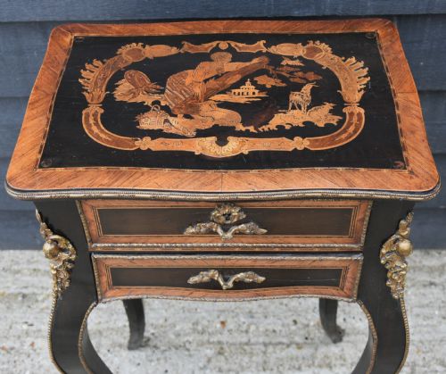 fig 1. Beautiful 19th Century French Side Table, Ebonised & Marquetry Inlaid.