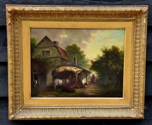 19th Century Oil on Canvas Painting, Delightful Country Farmhouse Scene.