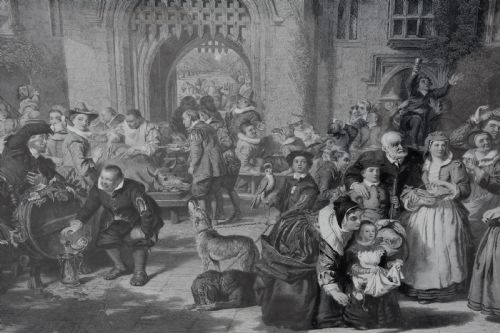 LARGE 19TH CENTURY ENGRAVING BUSY INTERIOR COURTYARD SCENE ORIGINAL HOGARTH FRAME - ADDITIONAL PHOTO 1