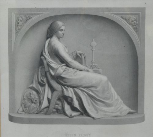 fig 1. A framed nineteenth-century monochrome engraving depicting a seated woman in draped classical attire inside an arched niche, presented in a gold gilt frame.