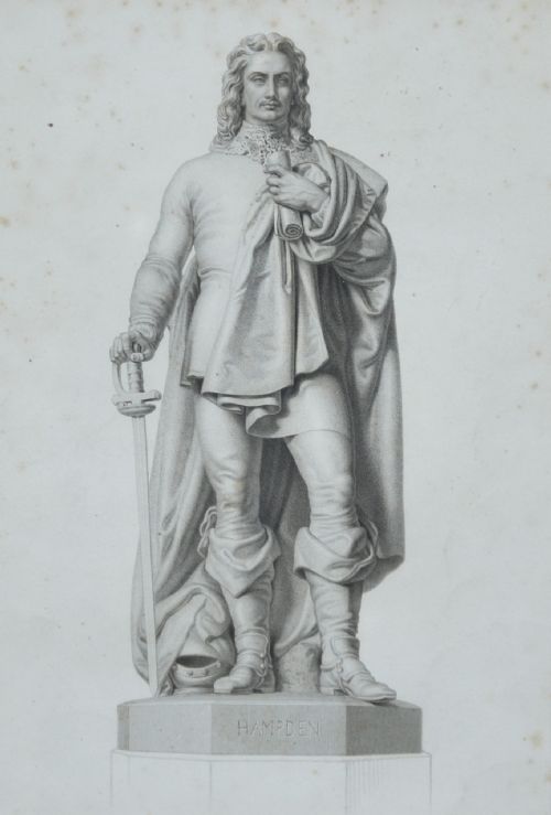 fig 1. A framed 19th-century monochrome portrait engraving depicting a full-length statue of John Hampden set within a cream mount and a slim gold-leaf wooden frame.