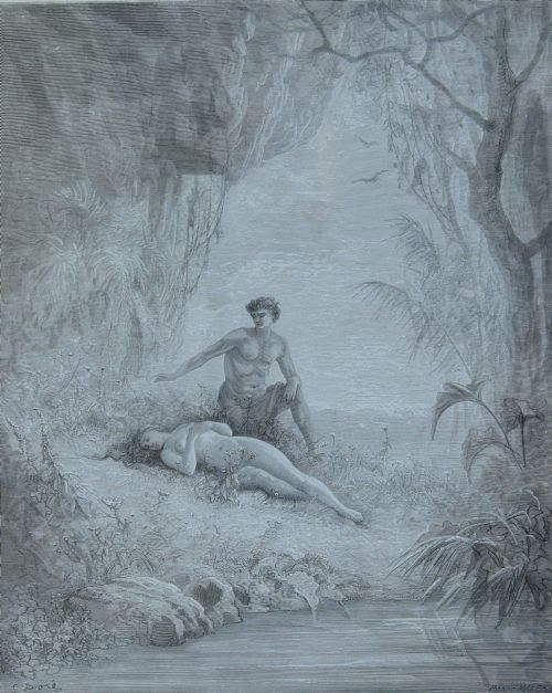 fig 1. A framed 19th-century monochrome wood engraving depicting Adam and Eve in a dense forest setting, encased in a gilded wooden frame with a wide cream mount.