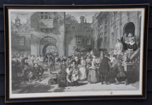 Large 19th Century Engraving, Busy Interior Courtyard Scene, Original Hogarth Frame