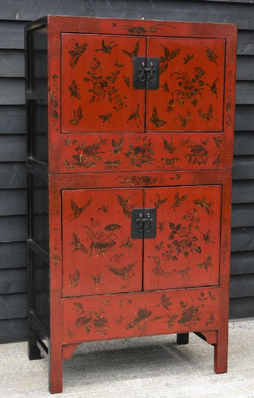 Beautiful Antique Chinese Red Lacquered Marriage/ Wedding Cabinet.