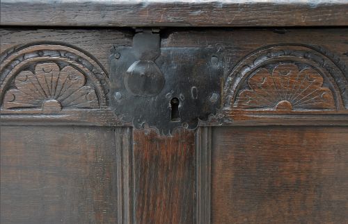 A dark 17th-century oak coffer featuring a carved lunette frieze, twin-panel front, hinged lid, and central iron escutcheon. View II