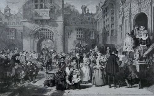 Large 19th Century Engraving, Busy Interior Courtyard Scene, Original Hogarth Frame